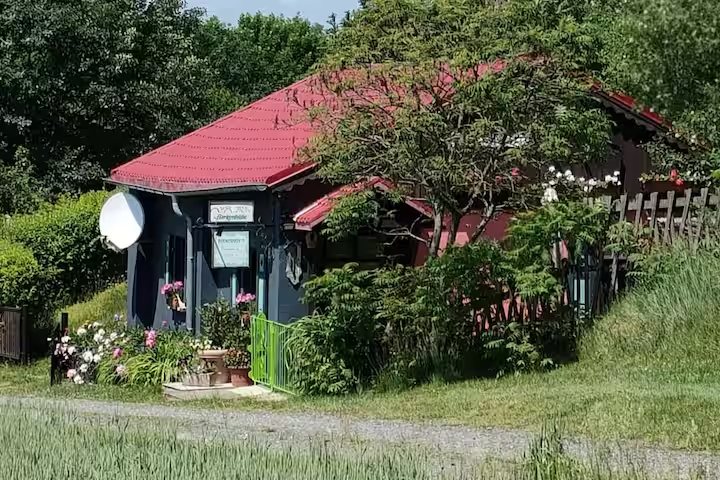 Außenansicht der Ferienwohnung 1: Birkenhütte mit rotem Dach im Grünen